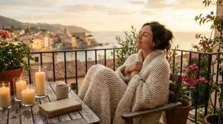 Femme détendue sur un balcon au soleil couchant