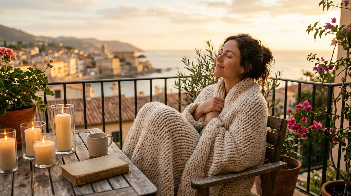 Femme détendue sur un balcon au soleil couchant