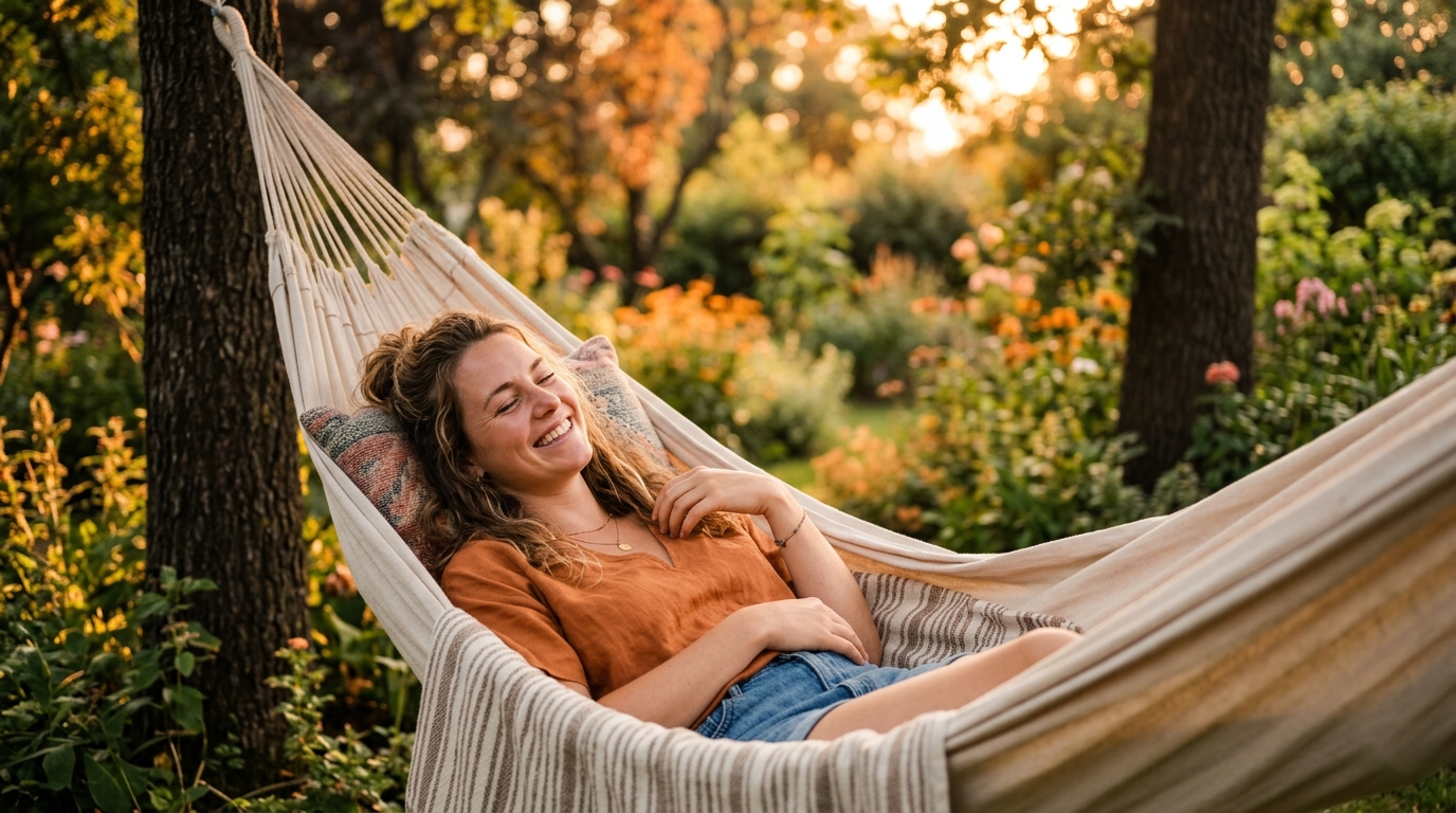 Femme se relaxant dans un hamac au jardin