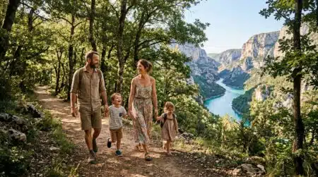 Famille marchant vers des gorges aux eaux turquoise