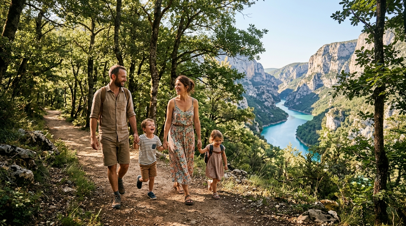Famille marchant vers des gorges aux eaux turquoise