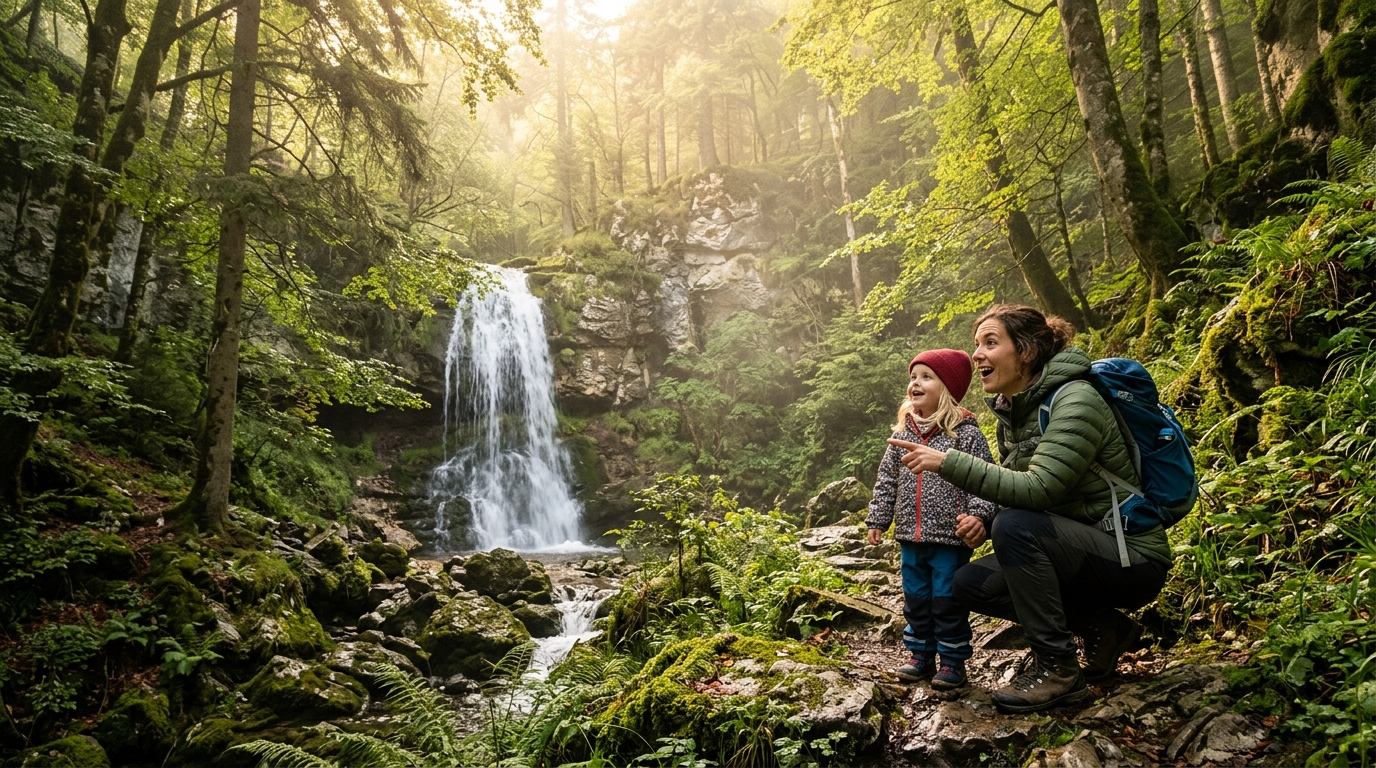 Mère et enfant devant une cascade cachée en forêt