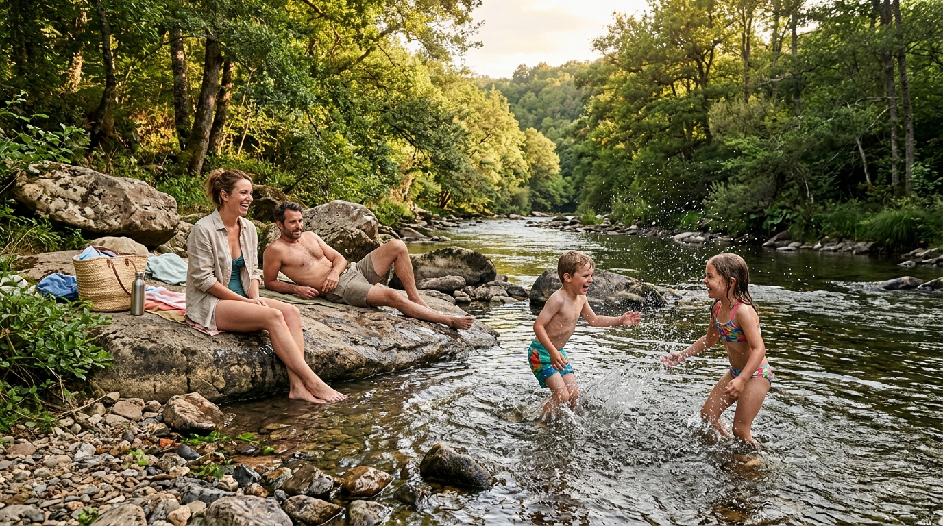 Famille se baignant dans une rivière tranquille en Corrèze