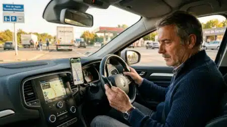 Conducteur consultant une appli de trajet sur une aire d'autoroute