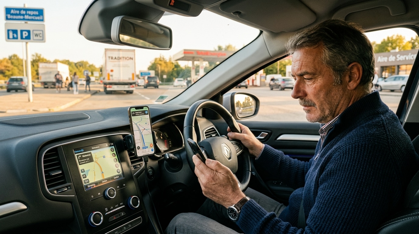 Conducteur consultant une appli de trajet sur une aire d'autoroute