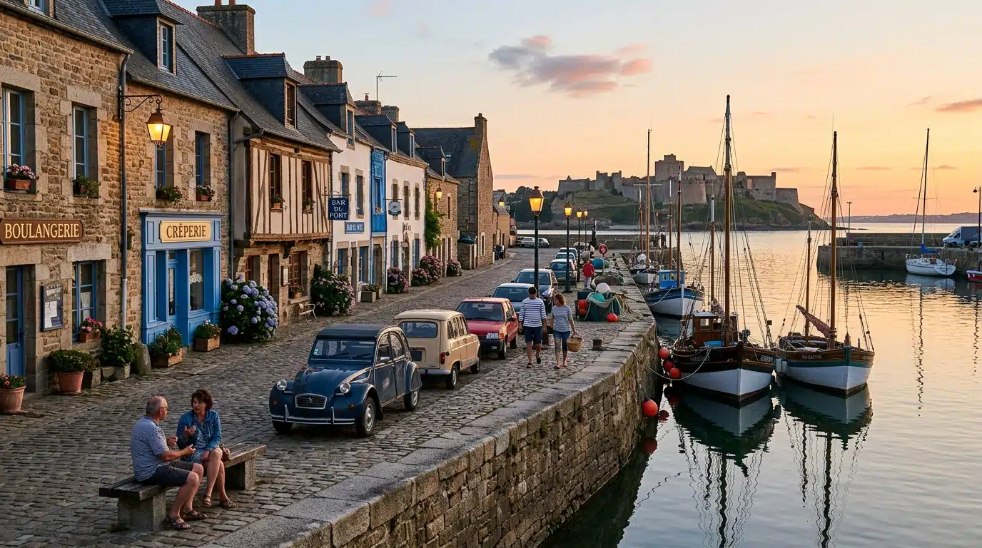 Vue d'une ville portuaire bretonne en fin de journée