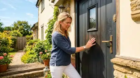 Femme devant sa porte d'entrée noire en pleine chaleur