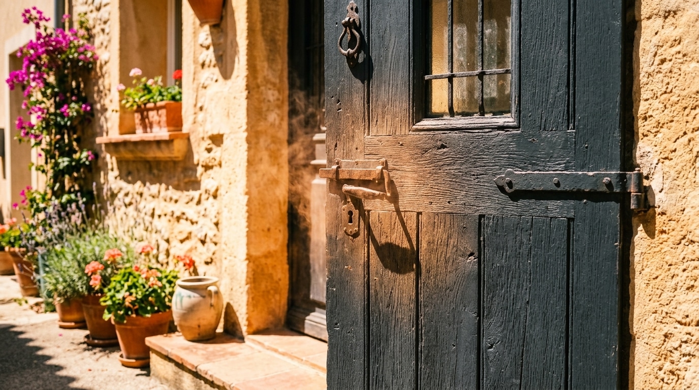 Porte d'entrée anthracite exposée au soleil de midi