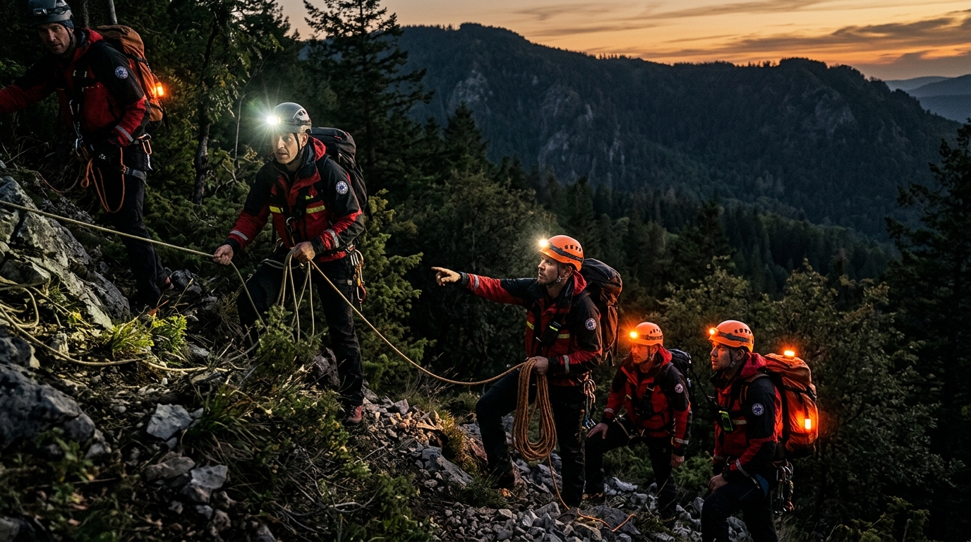 Équipe de secours cherchant un disparu en forêt au crépuscule