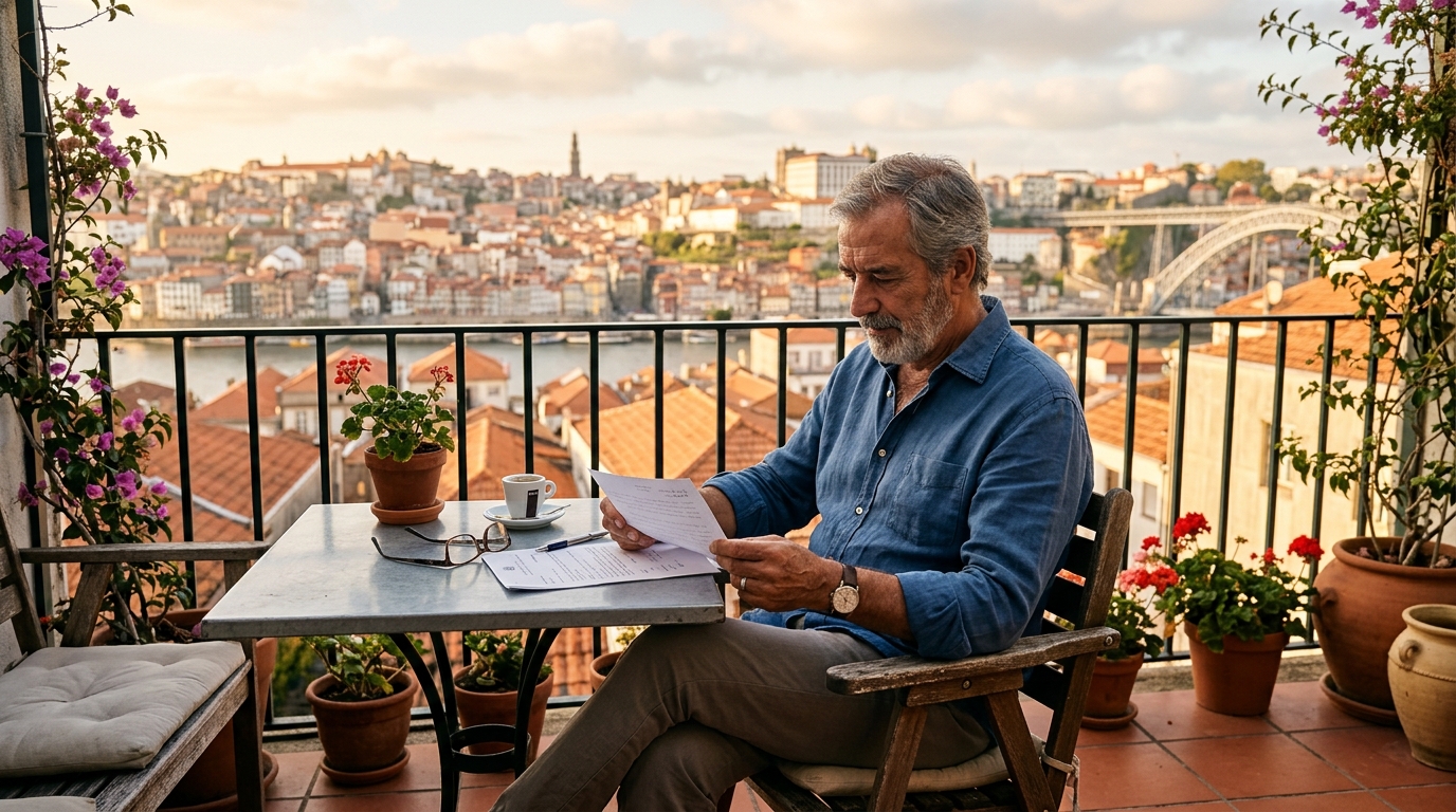 Retraité examinant un loyer sur une terrasse à Porto
