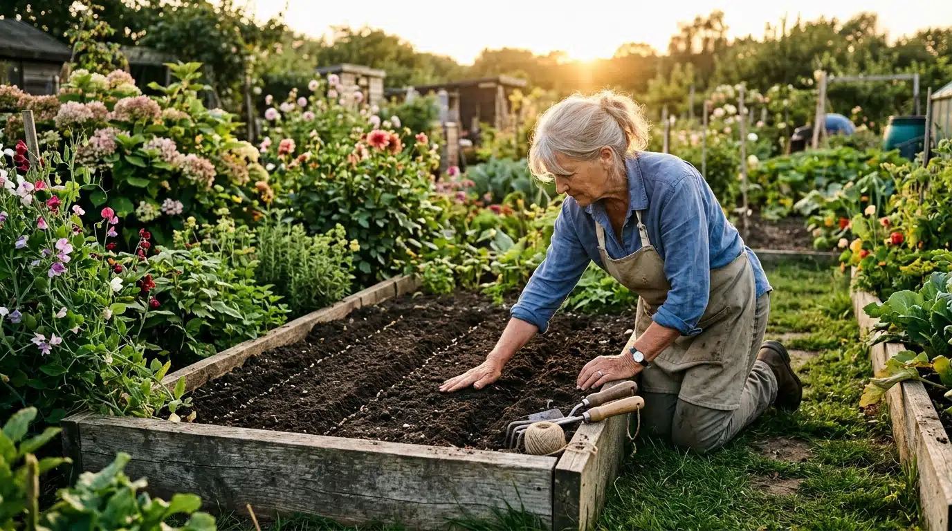 Jardinier semant des graines dans un potager en fin d'été