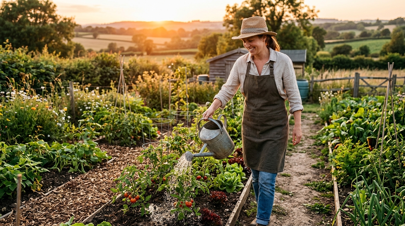 Femme arrosant son potager en fin de journée
