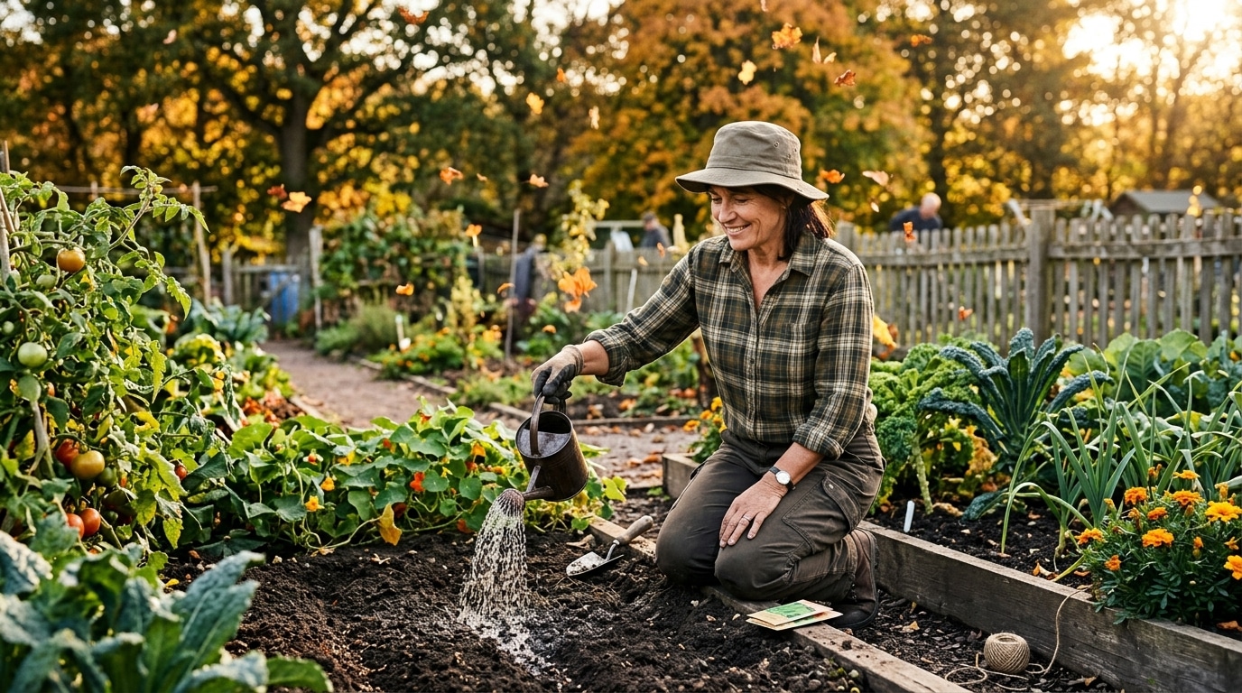 Femme arrosant un semis de légumes d'automne au potager