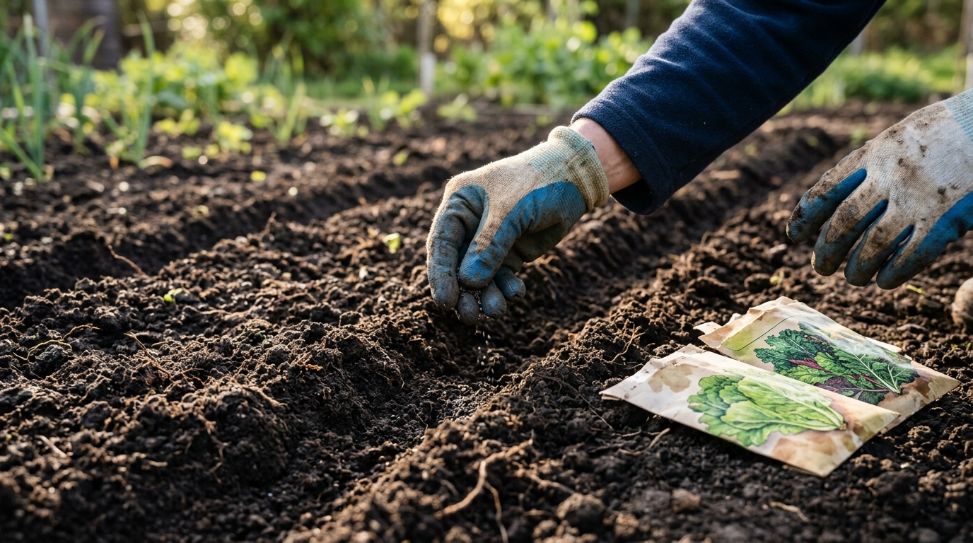 Mains semant des graines dans un rang de terre préparée