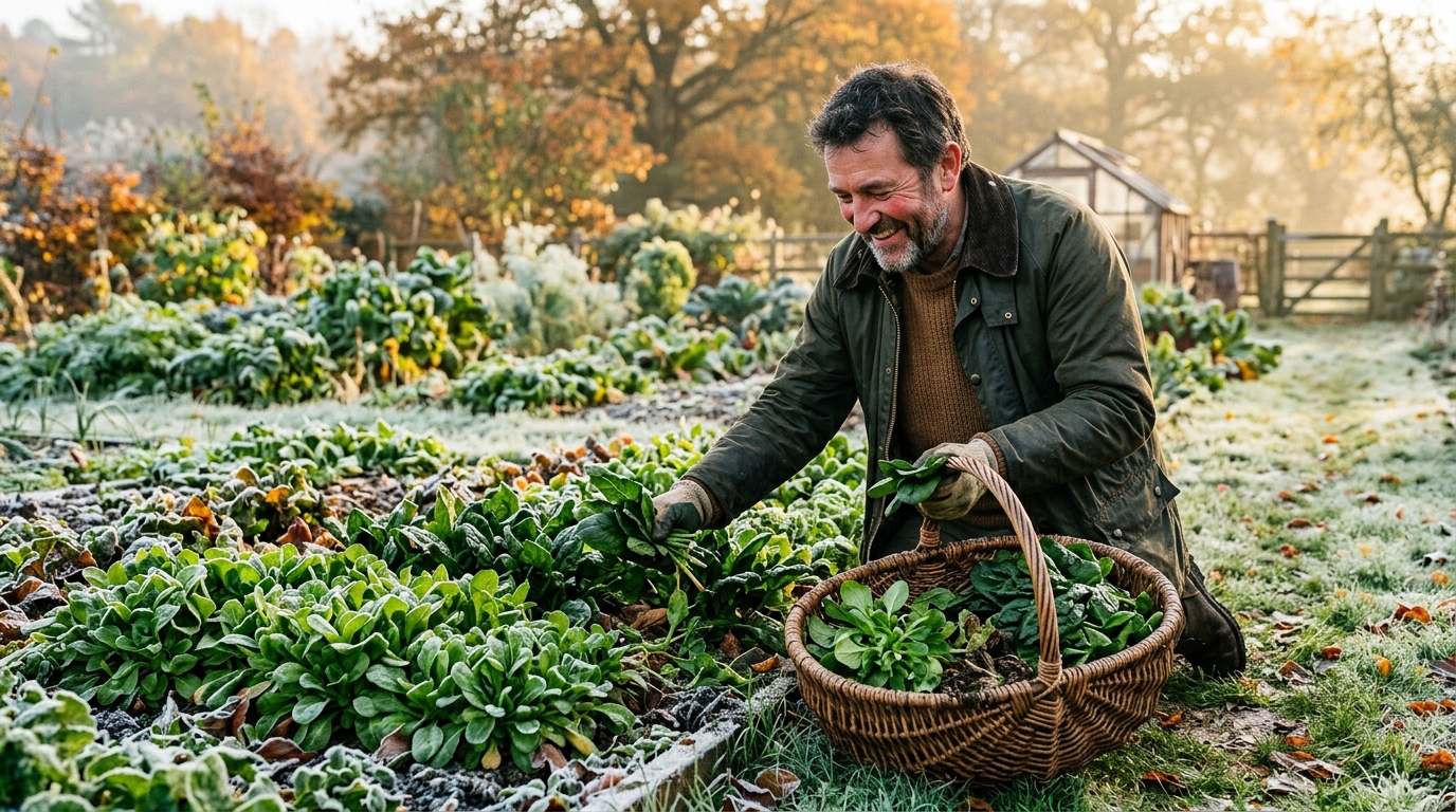 Homme récoltant mâche et épinards frais un matin d'automne