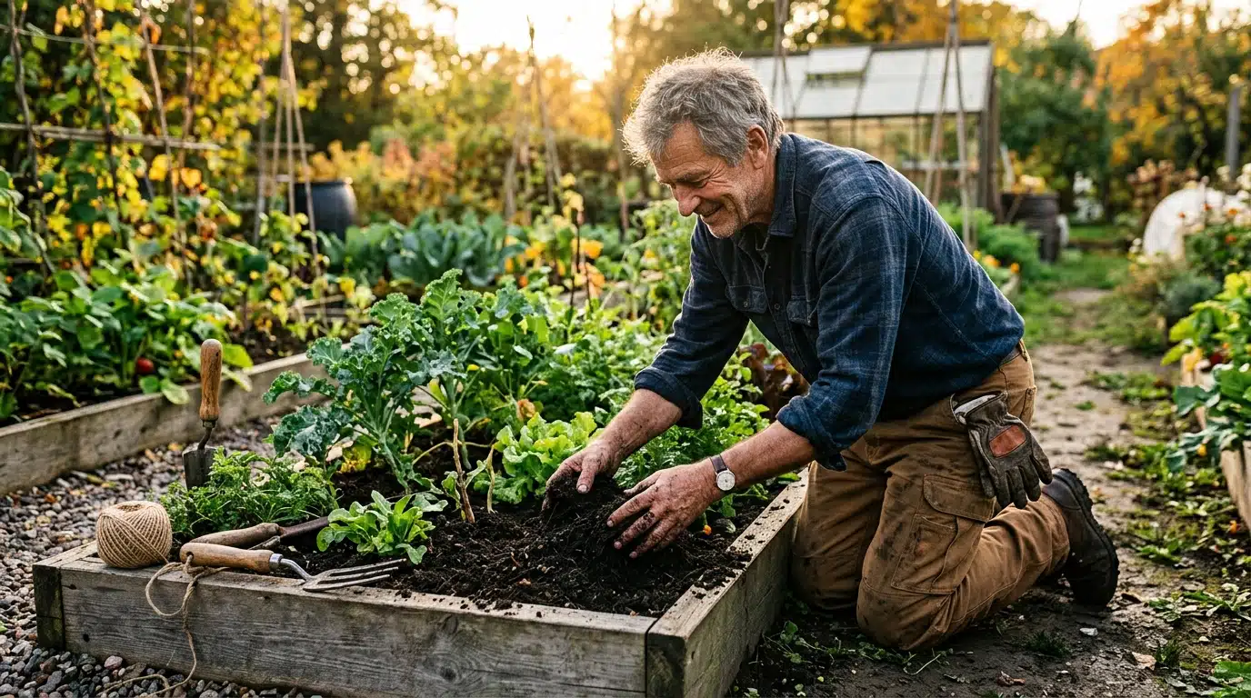 Jardinier épandant du compost sur le potager en fin d'été