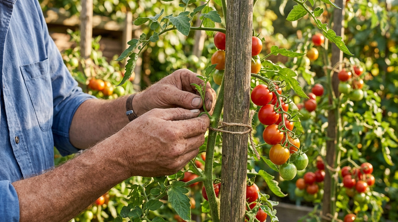 Main pinçant un gourmand sur un plant de tomate