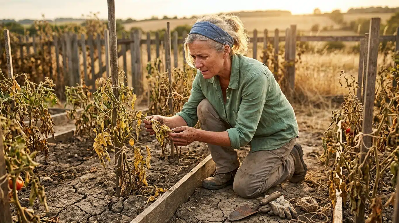Jardinière examinant un potager grillé par la canicule
