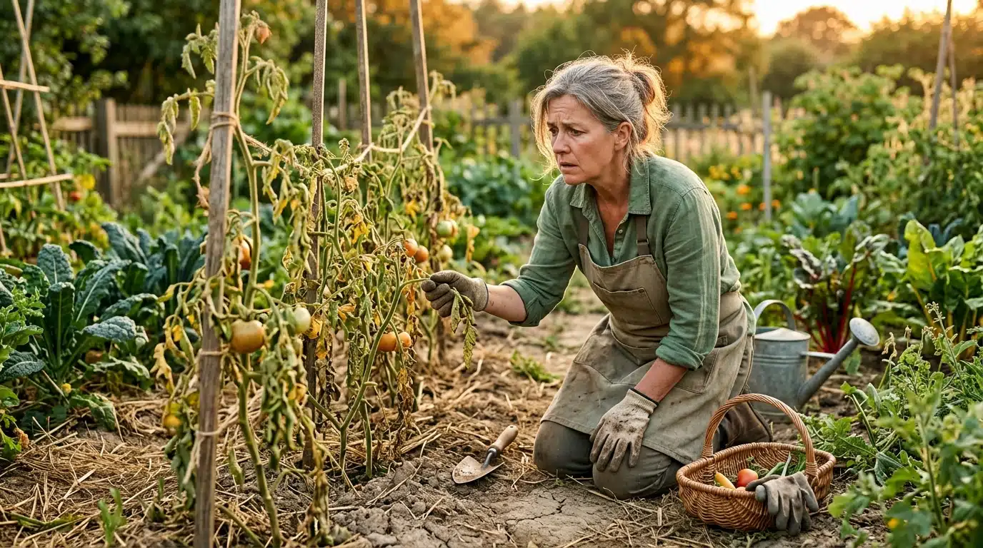 Jardinière inquiète devant des plants de tomates fatigués