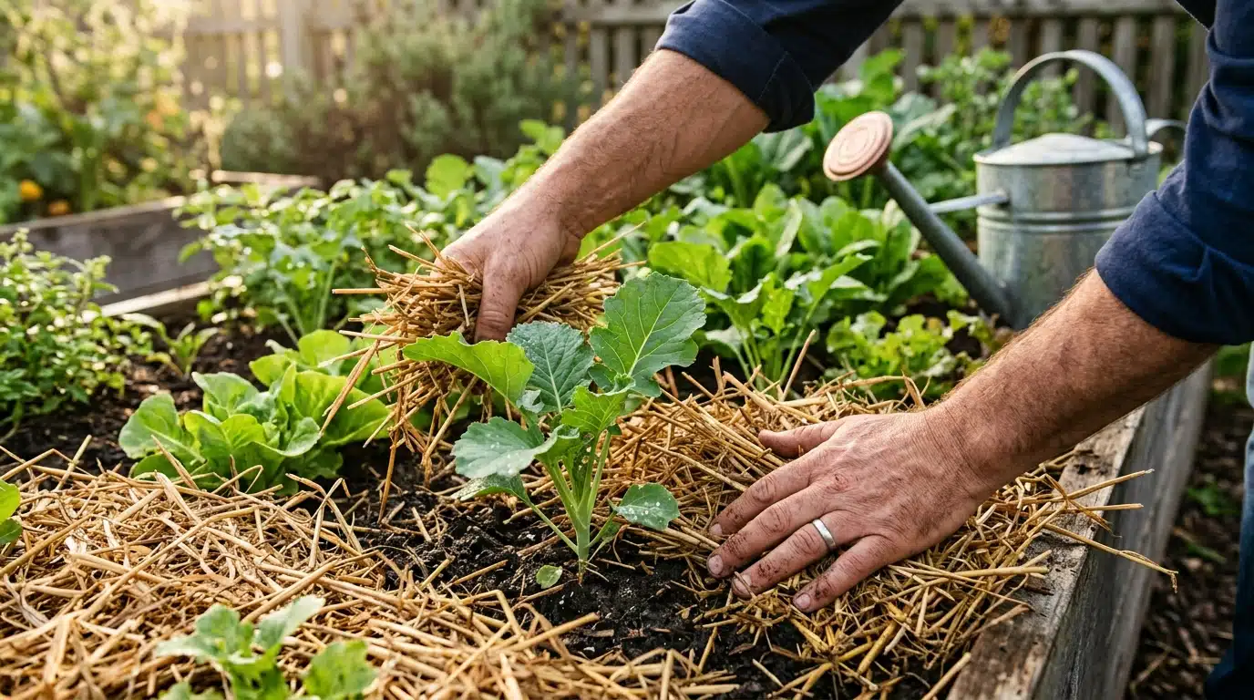 Mains qui étalent un paillage épais au potager