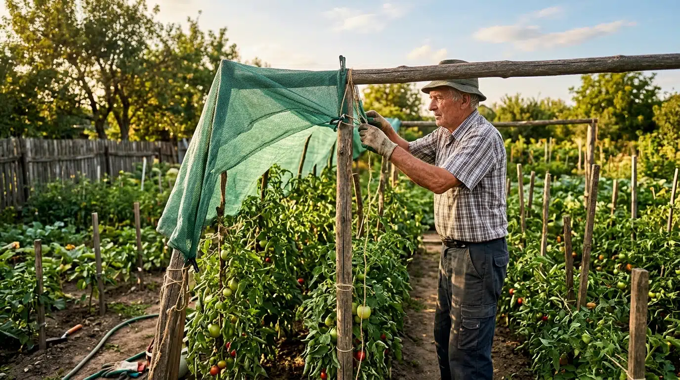 Homme installant une ombre légère sur des plants de tomates