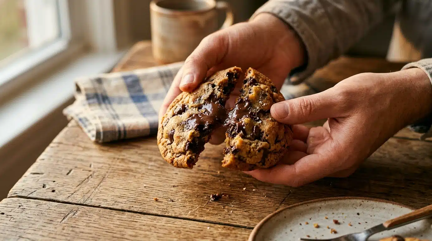 Cookie moelleux coupé en deux avec cœur fondant