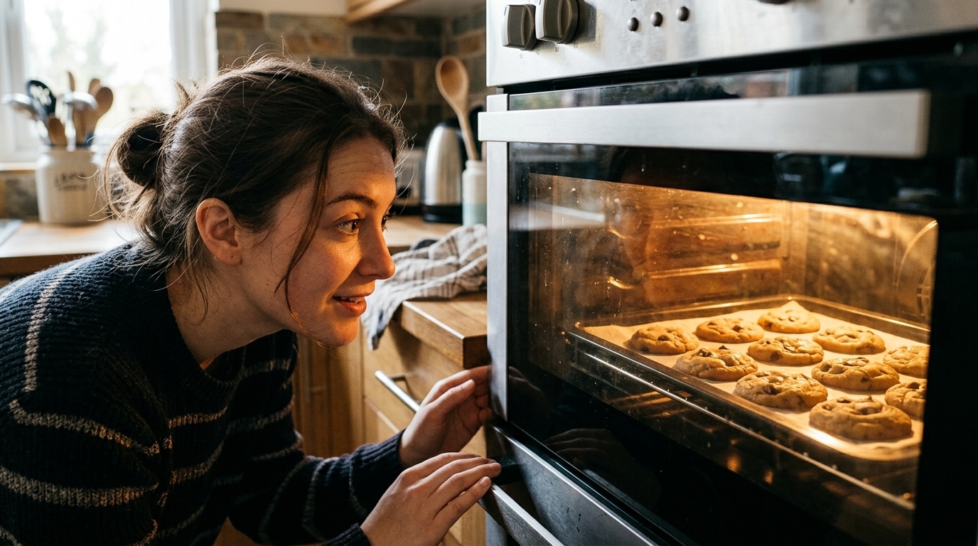 Personne surveillant des cookies à travers la porte du four