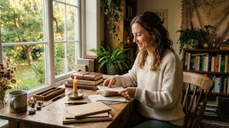 Femme organisant son bureau à la rentrée en lumière dorée