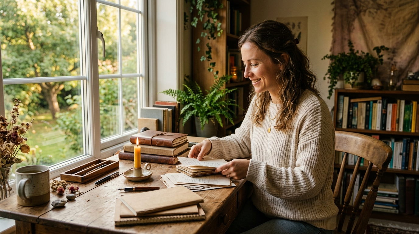 Femme organisant son bureau à la rentrée en lumière dorée