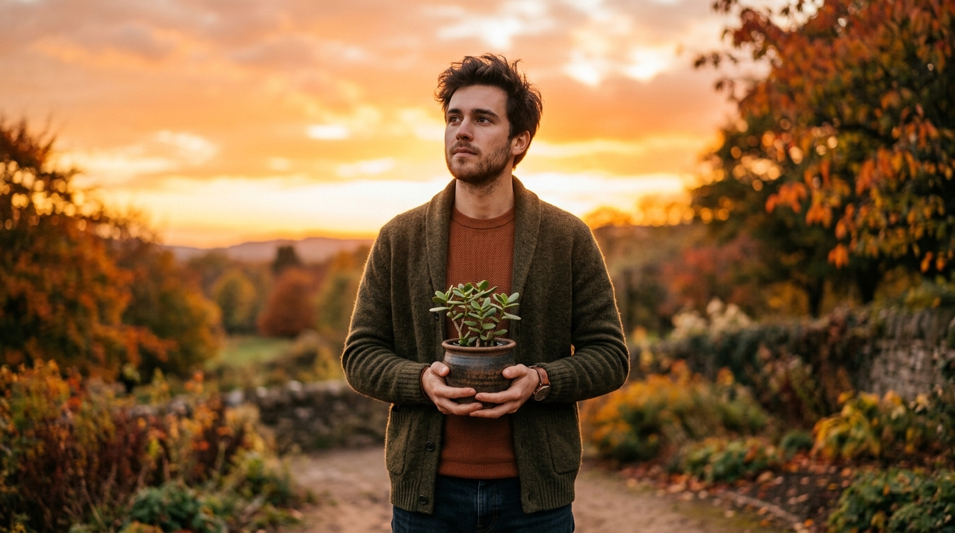Homme contemplatif au coucher du soleil symbolisant la transition