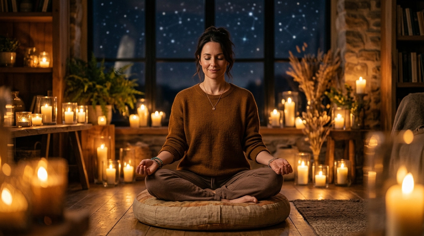 Femme méditative entourée de bougies dans une ambiance mystique