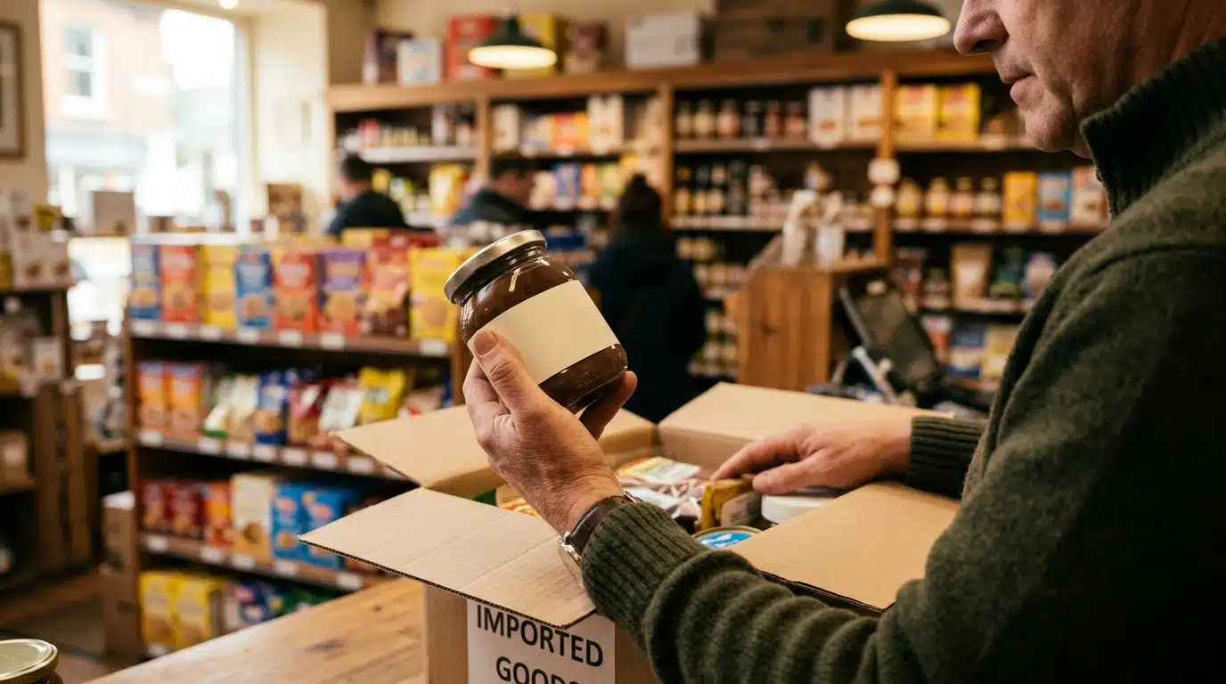 Mains ouvrant un carton de produits importés en boutique