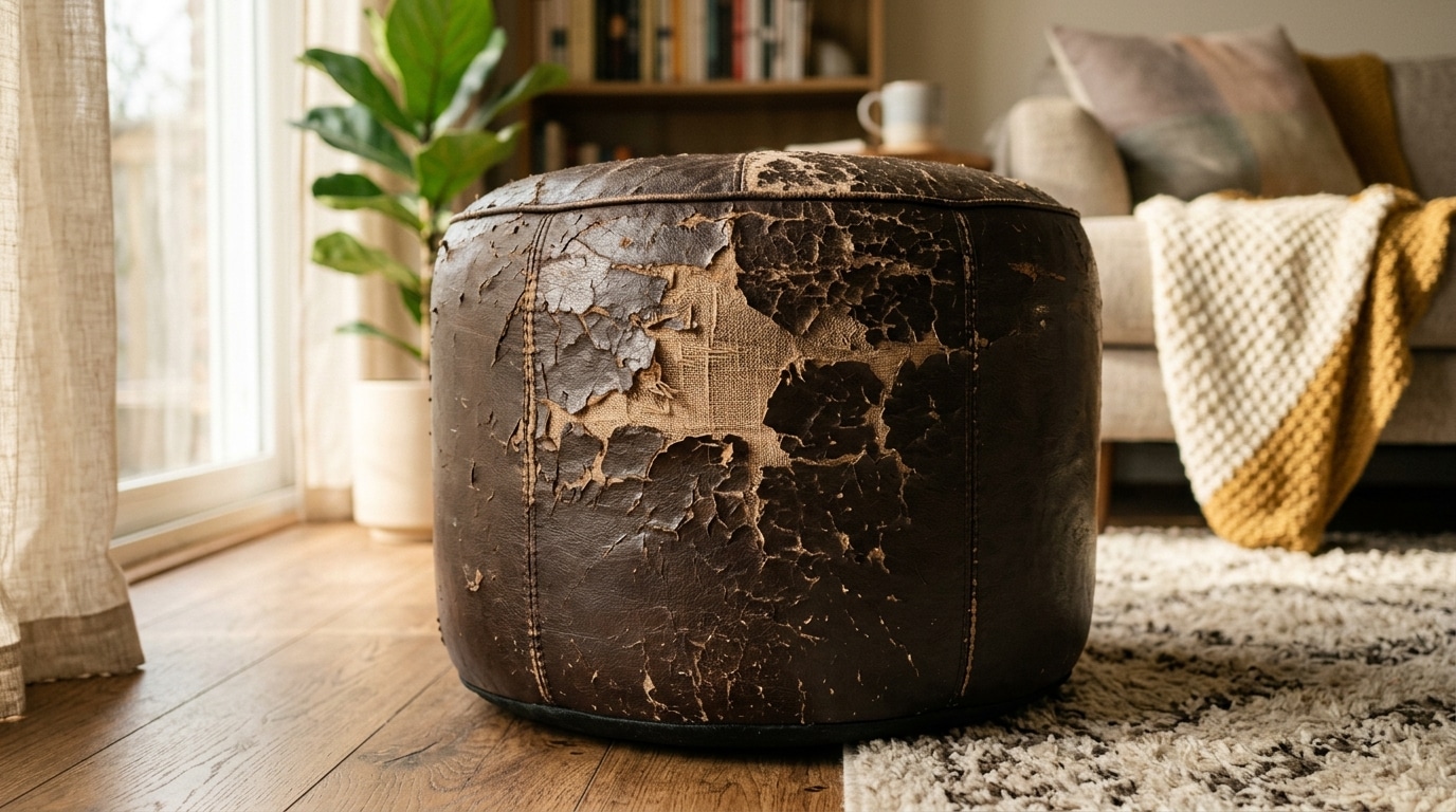 Pouf en simili cuir craquelé qui pèle par plaques