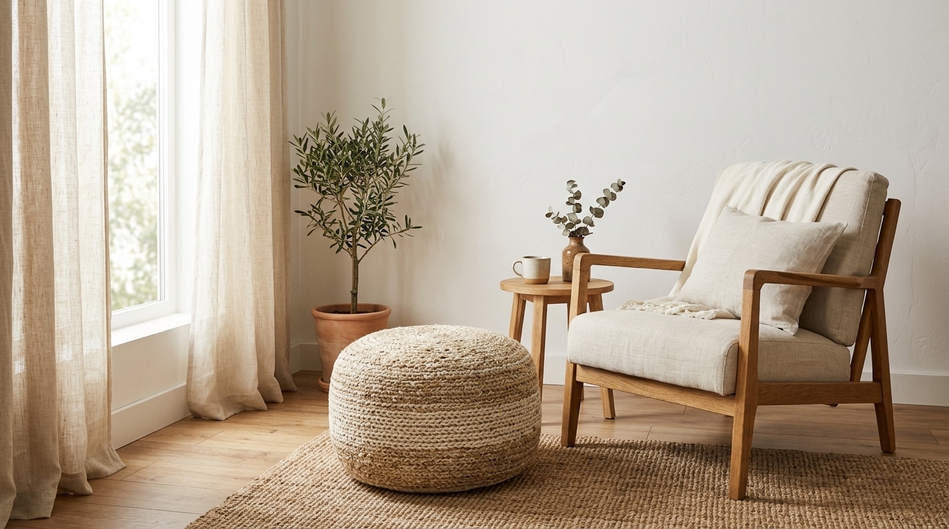 Pouf en toile de coton tissée dans salon naturel