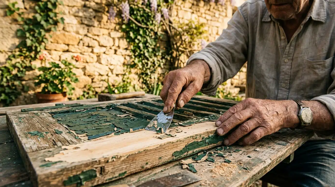 Artisan grattant la peinture d'un vieux volet en bois
