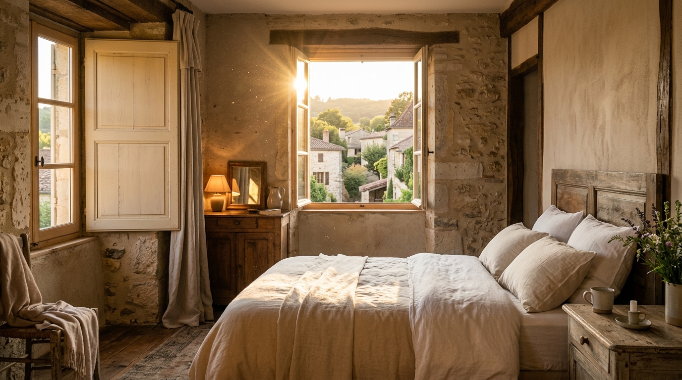 Lumière dorée réfléchie par un volet ouvert dans une chambre