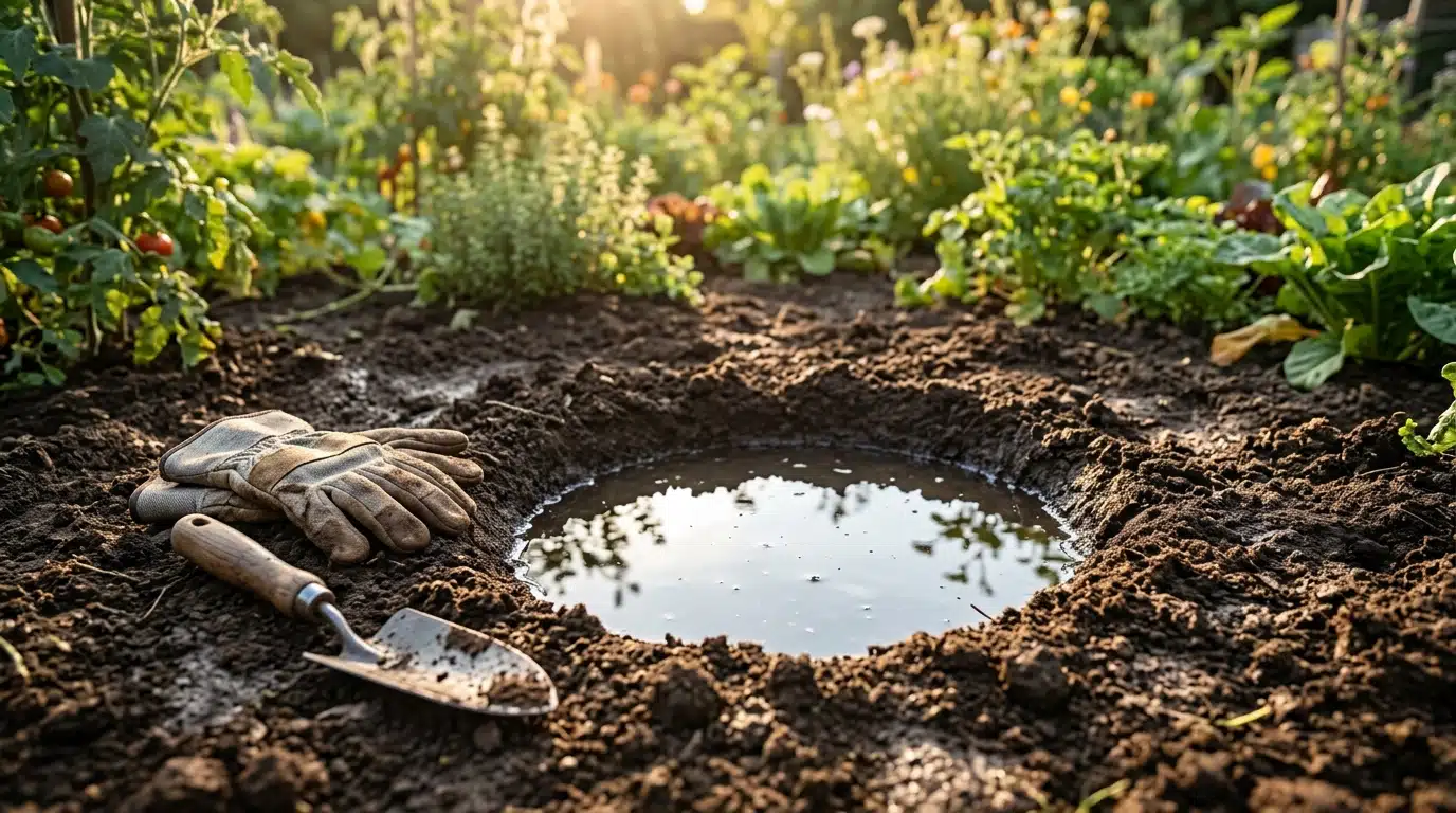 Trou de plantation vide rempli d'eau dans un jardin