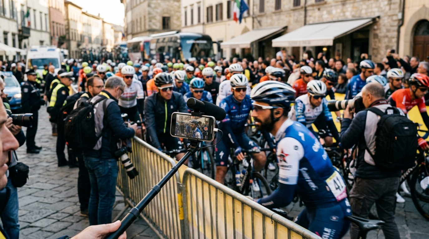 Micro tendu vers des coureurs cyclistes flous au départ