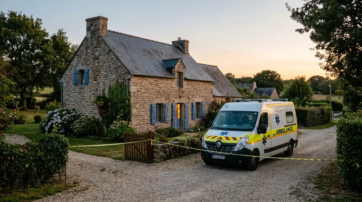 Ambulance stationnée devant une maison en Bretagne au crépuscule