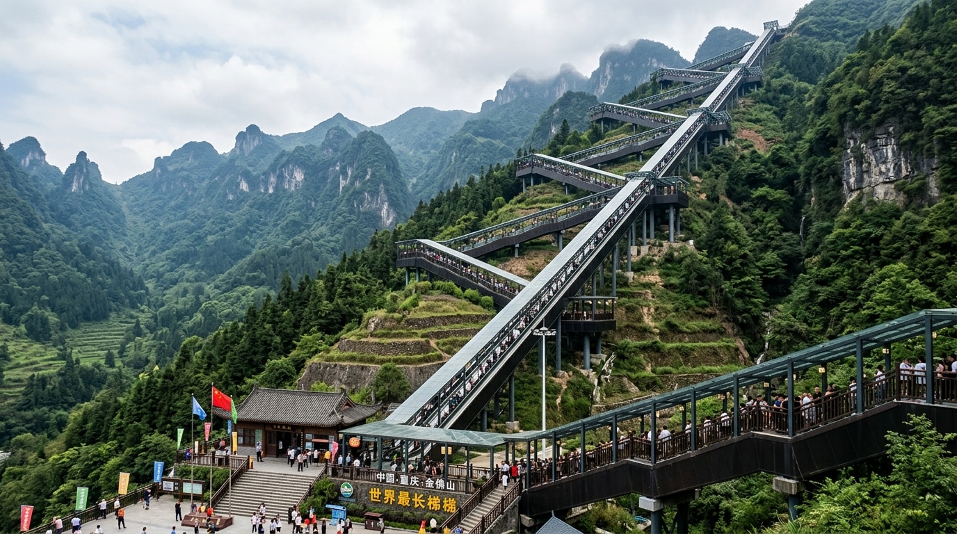 Presque 1 kilomètre de long, 242 mètres de haut : la Chine inaugure l'escalator le plus fou du monde