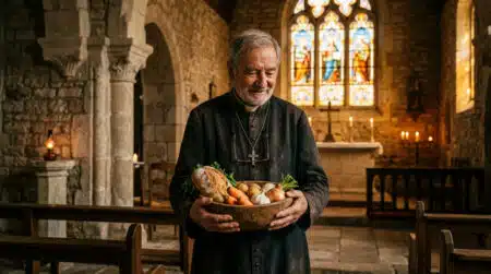 Prêtre tenant un bol de légumes dans une église ancienne