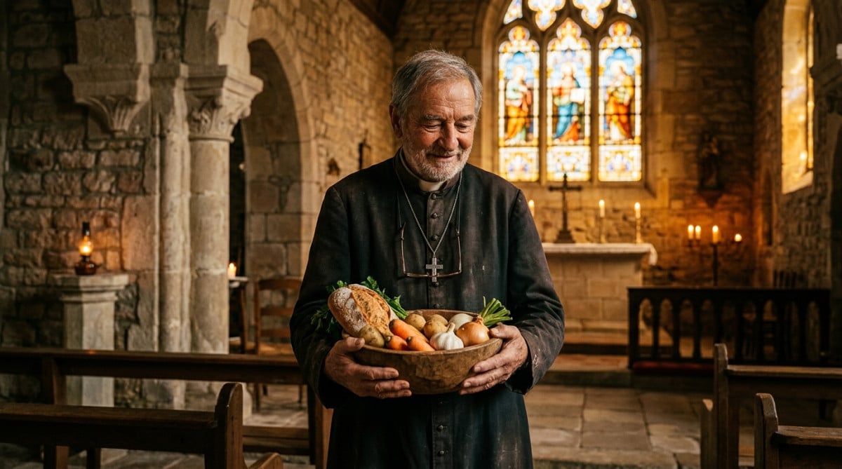 Prêtre tenant un bol de légumes dans une église ancienne
