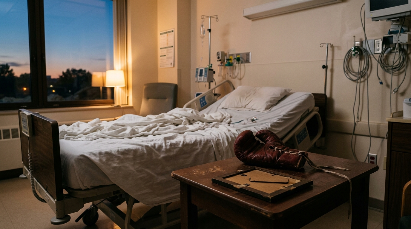 Chambre d'hôpital vide avec gant de boxe sur la table