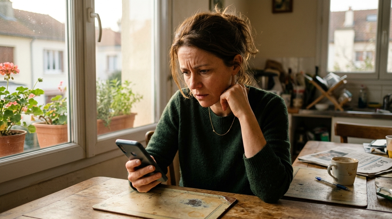Femme consultant une notification CAF sur son smartphone