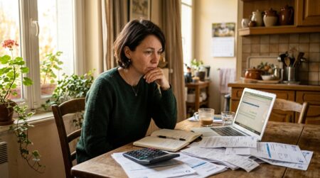 Femme inquiète devant ses factures de rentrée à la maison
