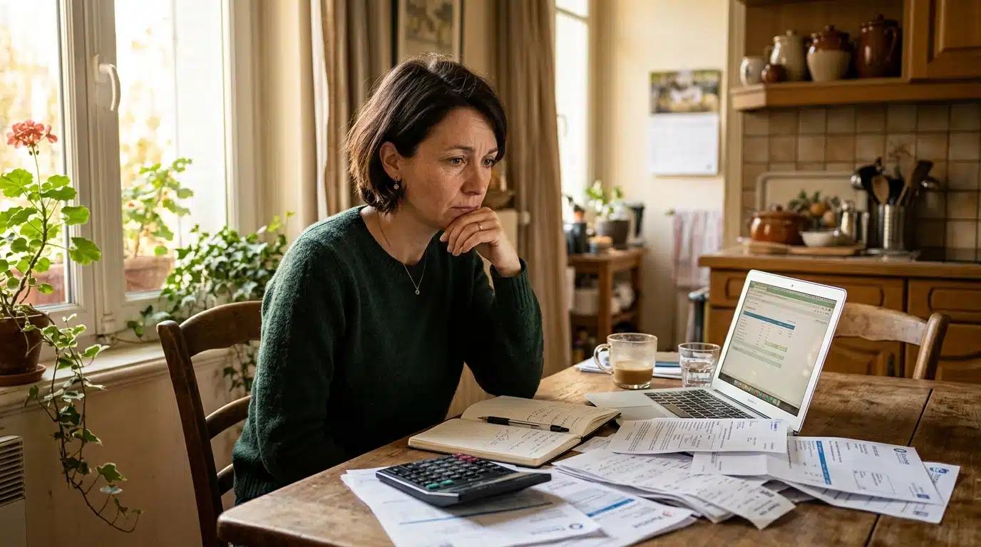 Femme inquiète devant ses factures de rentrée à la maison