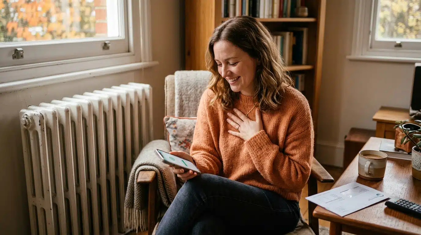 Femme vérifiant son chèque énergie sur son téléphone