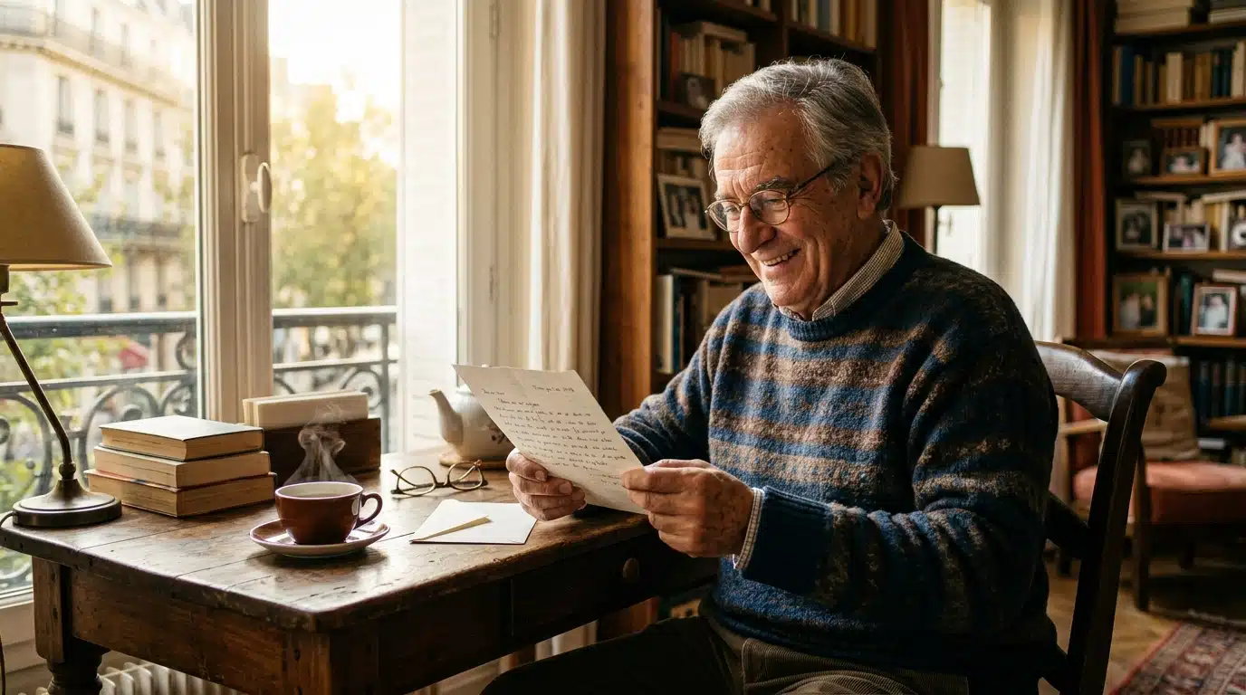 Retraité souriant en lisant un courrier de sa caisse de retraite