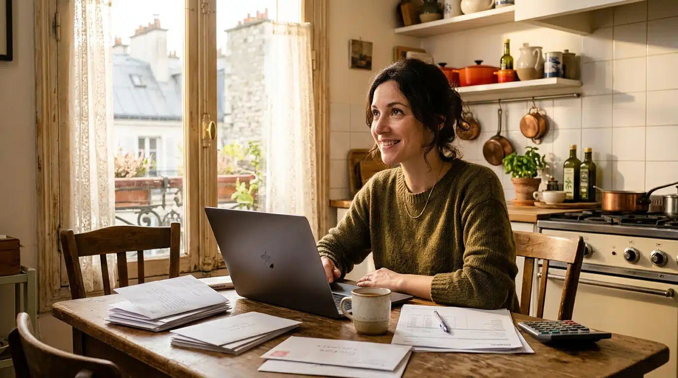 Femme consultant ses revenus et la prime d'activité