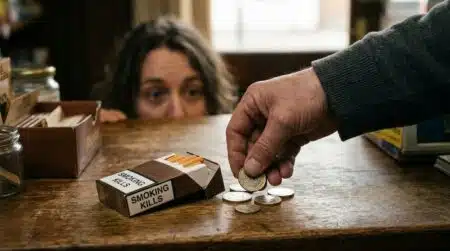 Paquet de cigarettes et pièces d'euros sur un comptoir